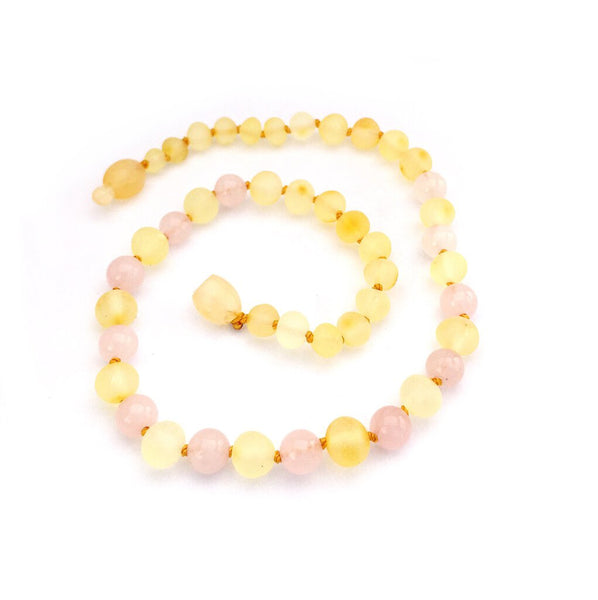 Small: Momma Goose-Baltic Amber Baby Necklace-Raw Lemon/Rose Quartz-1057S