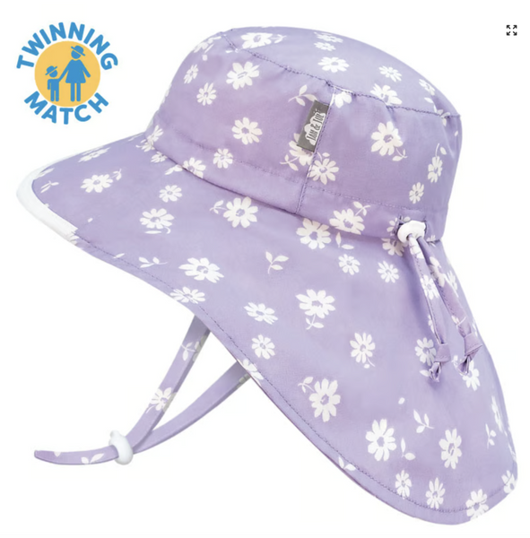 Size L (2-5): Jan & Jul Cotton Adventure Hat - Purple Daisy
