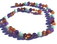 Medium: Momma Goose-Baltic Amber Baby Necklace-Amazonite/Amethyst -1060M||Bluebell