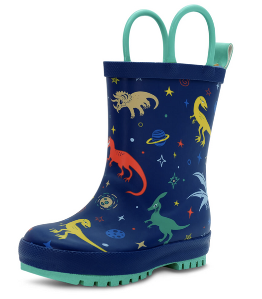 Size9: Jan & Jul SPACE DINOS Puddle Dry Loop Handle Rain Boots NEW