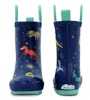 Size 10: Jan & Jul SPACE DINOS Puddle Dry Loop Handle Rain Boots NEW