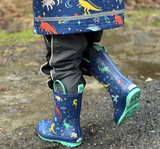 Size 11: Jan & Jul SPACE DINOS Puddle Dry Loop Handle Rain Boots NEW