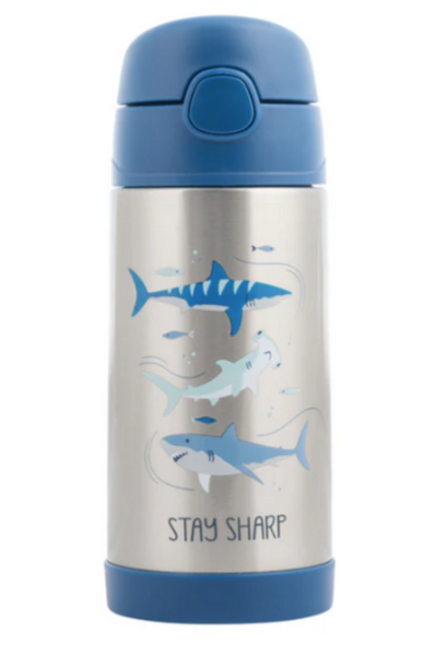 Stephen Joseph Double Walled Stainless Steel Flip Top Water Bottle - SHARK - NEW