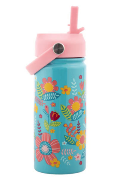 Stephen Joseph Insulated Stainless Steel Water Bottle with Handle -TURQUOISE FLORAL - NEW