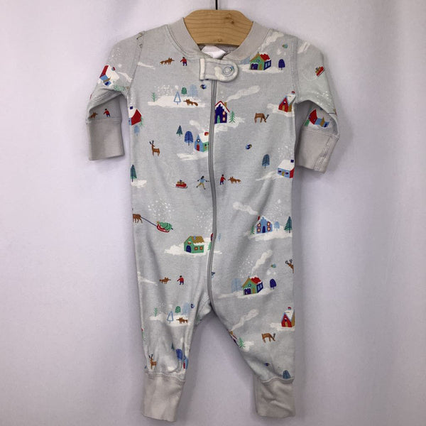 Size 0-6m: Hanna Andersson 1pc Long Sleeve Blue w/Snow & Reindeer 100% ORGANIC Cotton Short Pj
