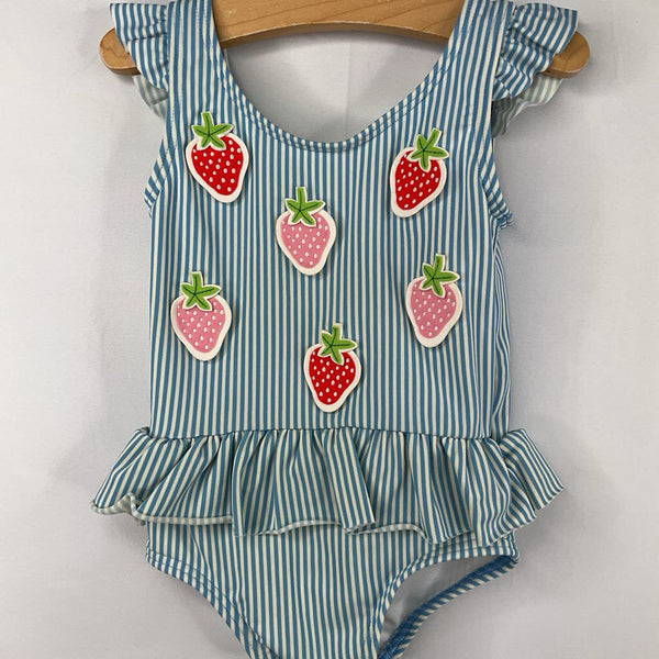 Size 3-6m: Boden 1pc Blue/White Stripe Strawberry Swim Suit