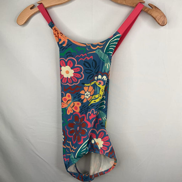 Size 7-8: Boden 1pc Blue/Colorful Animals/Flowers Swimsuit
