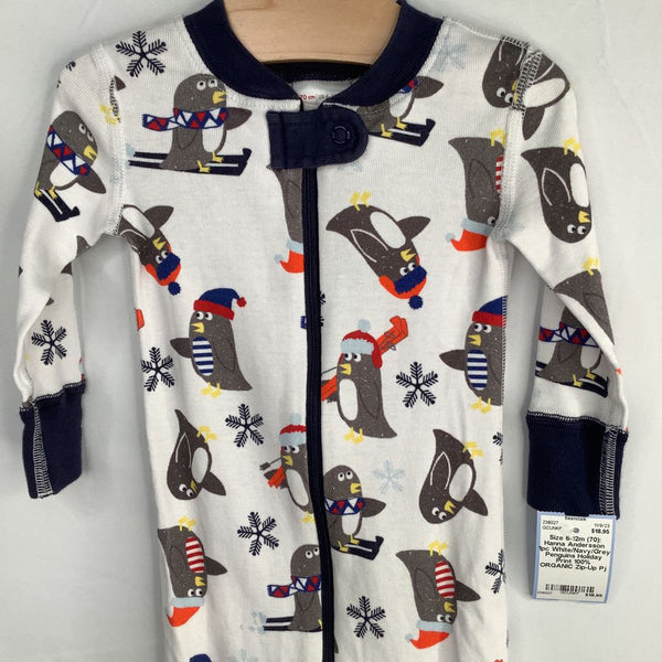 Size 6-12m (70): Hanna Andersson 1pc White/Navy/Grey Penguins Holiday Print 100% ORGANIC Zip-Up Pj