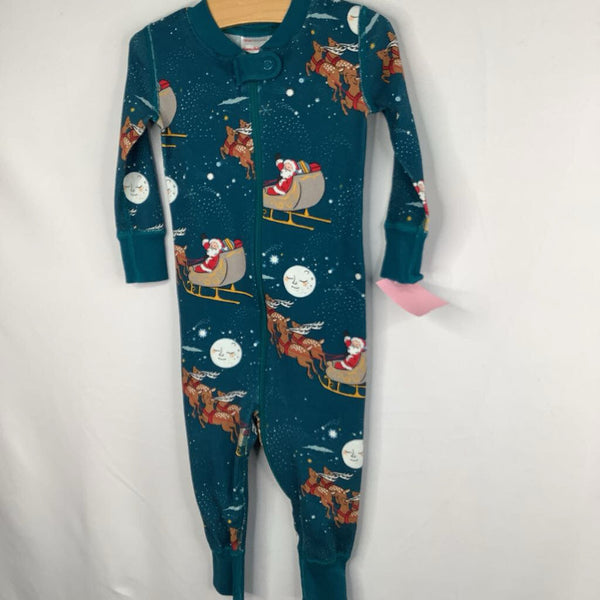 Size 6-12m (70): Hanna Andersson 1pc Blue/Colorful Santa/Reindeer Holiday Print 100% ORGANIC Zip-Up Pjs