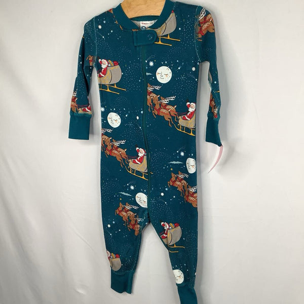 Size 6-12m (70): Hanna Andersson 1pc Blue/Colorful Santa/Reindeer Holiday Print 100% ORGANIC Zip-Up Pjs