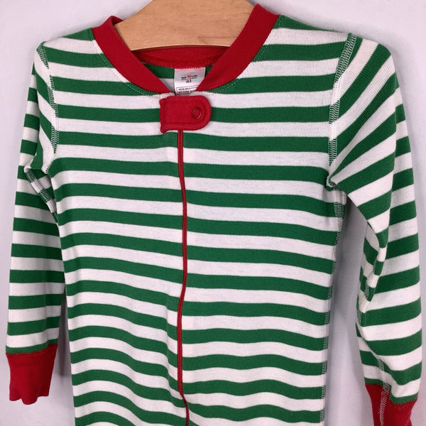 Size 3 (90): Hanna Andersson 1pc Green/White/Red StripedHoliday Print 100% ORGANIC Zip-Up Pjs