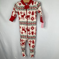 Size 0-3m (50): Hanna Andersson 1pc Red/White/Green Reindeer Holiday Print 100% ORGANIC Zip-Up Pjs