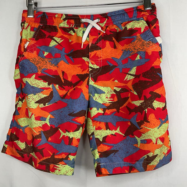 Size 6-7 (120): Hanna Andersson Red/Colorful Sharks Swim Shorts REDUCED