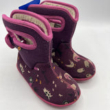 Size 8: Bogs Purple/White Farm Print Fleece Lined Rain Boots