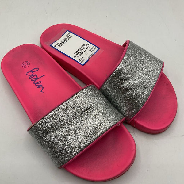 Size 1Y: Boden Pink/Silver Sparkle Slide Sandals