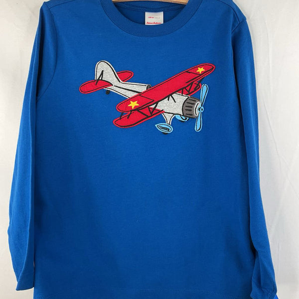 Size 6-7 (120): Hanna Andersson Blue/Red/Grey Plane Applique Long Sleeve Shirt