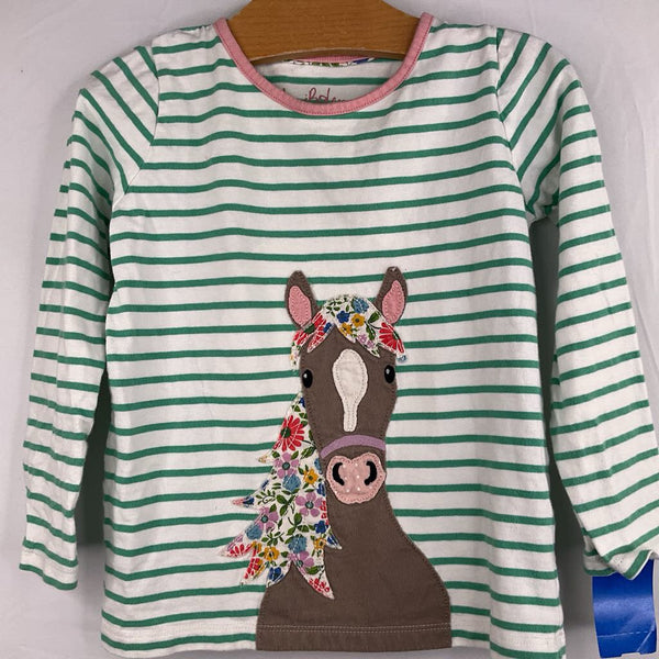 Size 5-6: Boden Green/White/Colorful Stripes/Horse Applique Long Sleeve Shirt