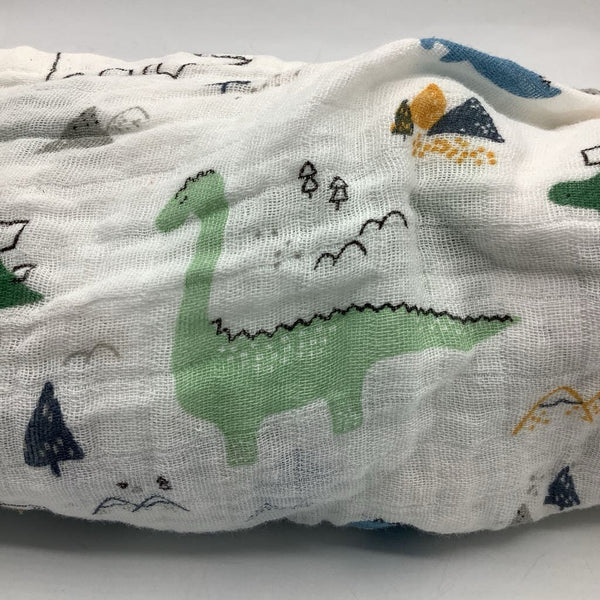 White/Colorful Dinos Muslin Swaddle Blanket