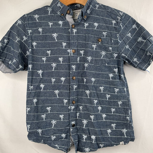 Size 8: Soverign Code Blue/White Palm Tree Pattern Button Up Shirt