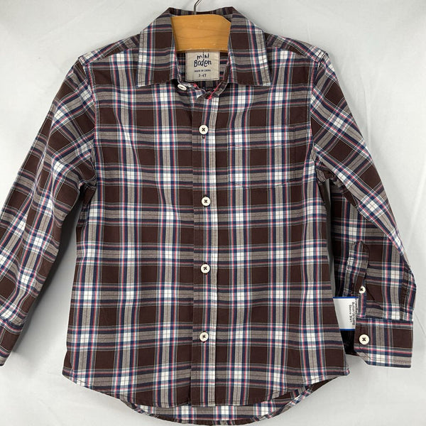Size 3-4: Boden Brown/Red/Blue Plaid Button Up Long Sleeve Shirt