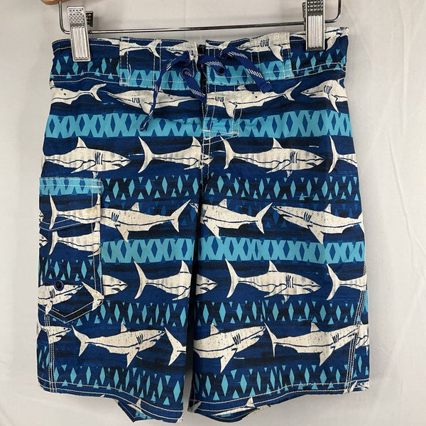 Size 6-7: L.L. Bean Blue/White Sharks Pattern Swim Shorts REDUCED