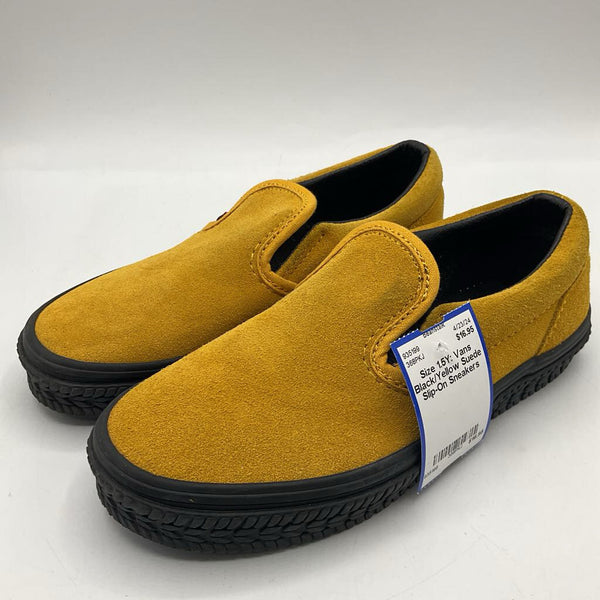 Size 1.5Y: Vans Black/Yellow Suede Slip-On Sneakers