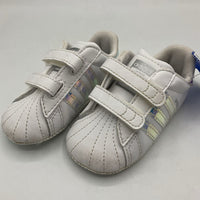 Size 2: Adidas White/Metallic Velcro Strap Soft Sole Sneakers