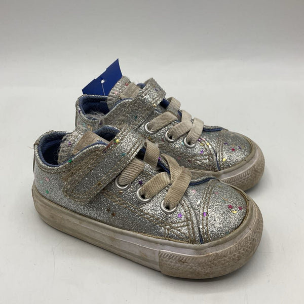 Size 4: Converse Silver/Colorful Sparkle Stars Velcro Strap Sneakers REDUCED