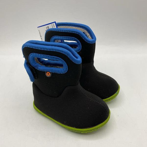 Size 4: Bogs Black/Blue/Green Trim Fleece Lined Rain Boots