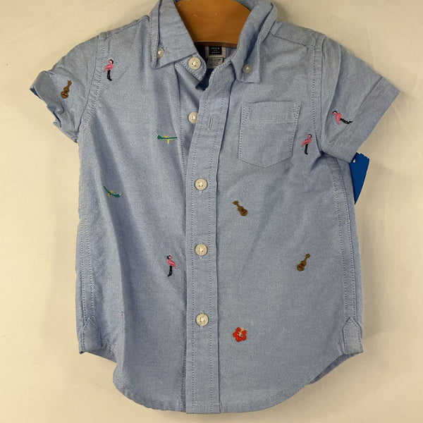 Size 12-18m: Janie and Jack Blue/Colorful Tropical EmbroideredShort Sleeve Button-Up Shirt