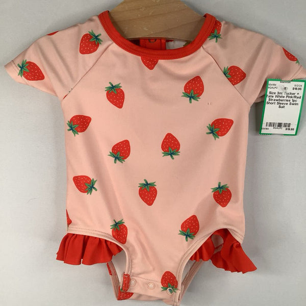 Size 3m: Tucker + Tate White Pink/Red Strawberries 1pc Short Sleeve Swim Suit