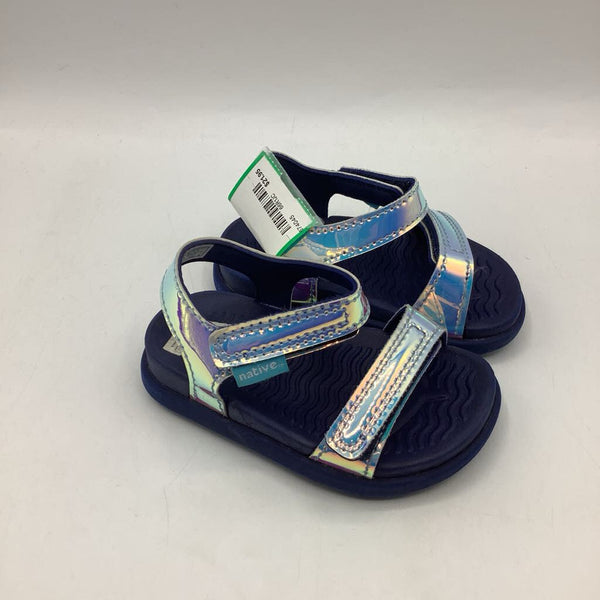 Size 4: Native Blue/Hologram Velcro Strap Sandals