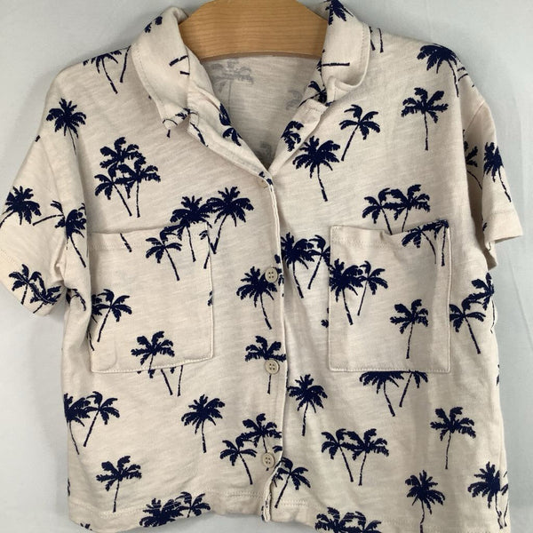 Size 6-7: Zara Creme/Navy Palm Trees Short Sleeve Button-Up Shirt