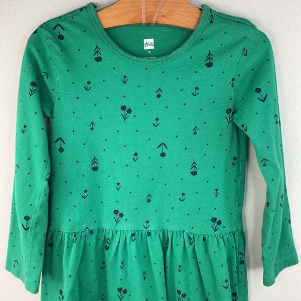 Size 5: Tea Green/Blue Floral/Polka Dot Pattern Long Sleeve Dress