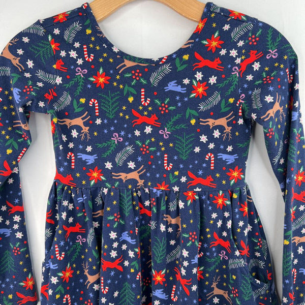 Size 8 (130): Hanna Andersson Navy/Colorful Holiday Woodland Print Long Sleeve Dress