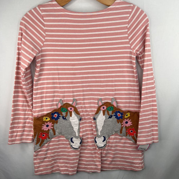 Size 9-10: Boden Pink/White/Colorful Stripes/Horses Long Sleeve Dress