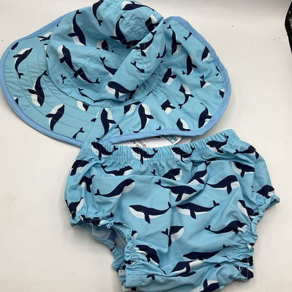 Size 12-24m: Pottery Barn Kids Blue Whales Diaper Cover/Sun Hat NEW