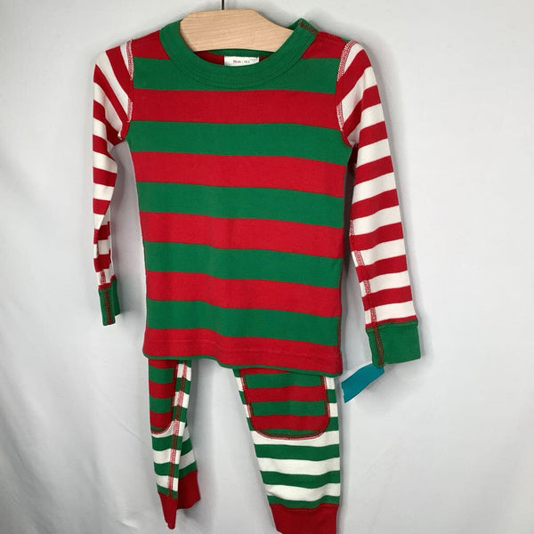 Size 3 (90): Hanna Andersson Green/White/Red Striped Organic Cotton 2pc Holiday PJs