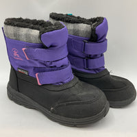 Size1Y: Kamik Black/Purple/Pink Trim Velcro Strap Snow Boots