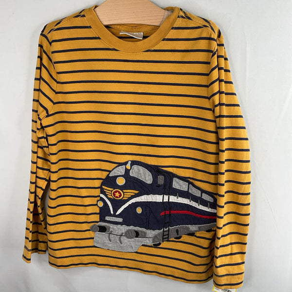 Size 6-7 (120): Hanna Andersson Yellow/Navy Stripes/Train Applique Long Sleeve Shirt