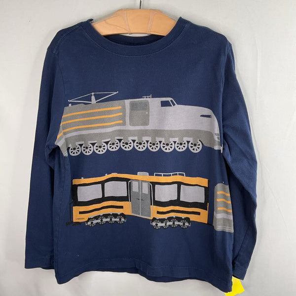 Size 6-7 (120): Hanna Andersson Navy/Grey/Yellow Trains Long Sleeve Shirt