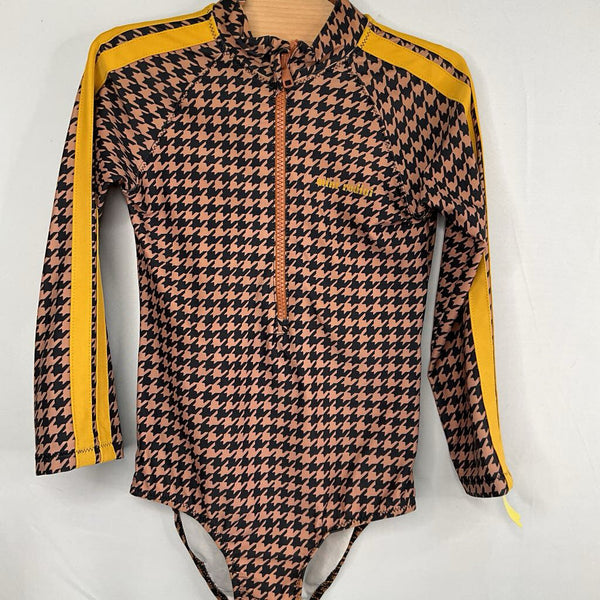 Size 5-6: Rodini Black/Brown/Yellow Trim Houndstooth 1pc Rash Guard Suit