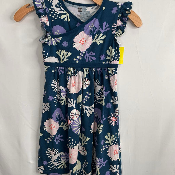 Size 7: Tea Navy/Colorful Plants Ruffle Sleeve Dress