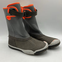 Size 1Y: Plae Grey/Orange Trim Velcro Strap Rain Boots