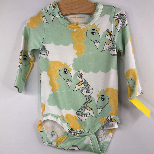 Size 3-6m: Mini Rodini White/Green/Yellow Ramen Unicorn Long Sleeve Onesie