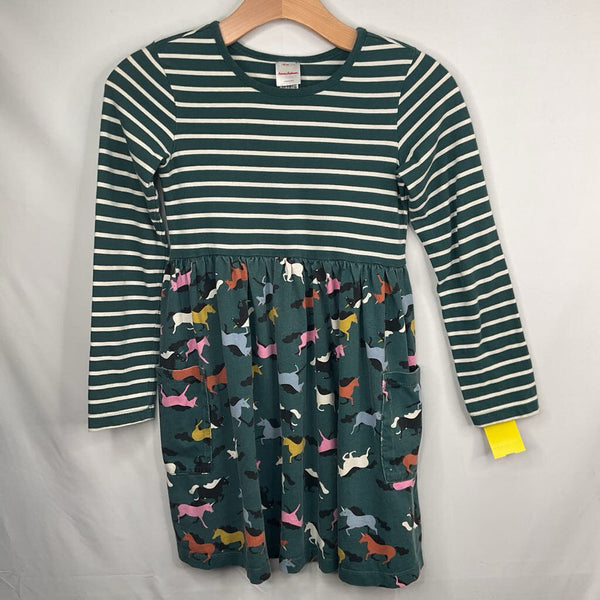 Size 8 (130): Hanna Andersson Green/White/Colorful Stripes/Horses Long Sleeve Dress