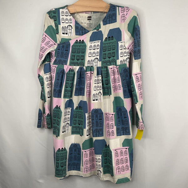 Size 5: Tea White/Colorful Houses Long Sleeve Dress