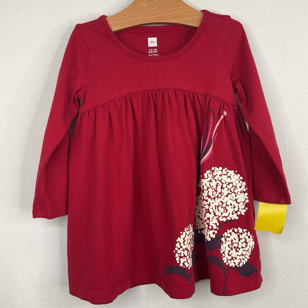 Size 12-18m: Tea Red/White/Purple Flower/Bird Long Sleeve Dress