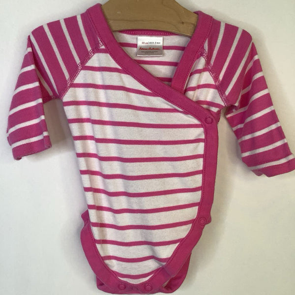 Size 0-3m (50): Hanna Anderson White/Pink Striped Wrap Long Sleeve Onesie