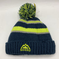 Size 3: Snozu Navy/Green/Grey Striped Puff Ball Beanie